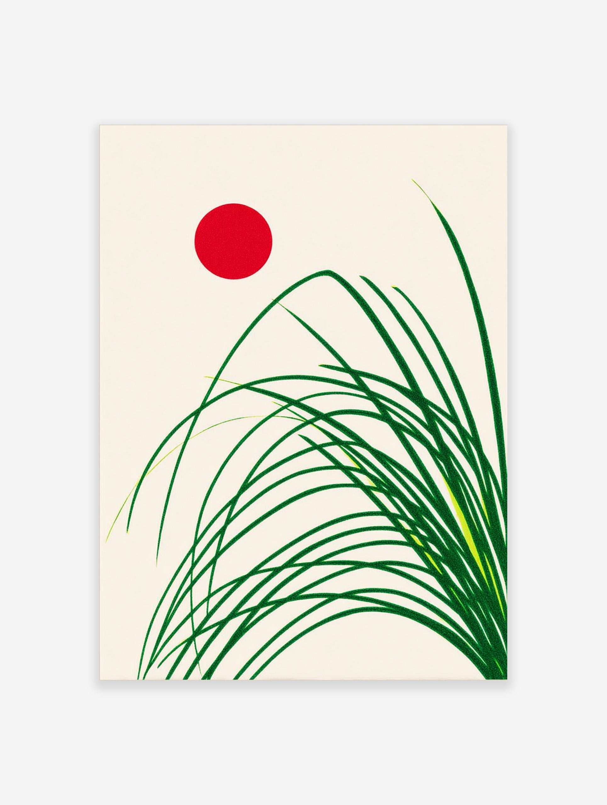 Minimalist Japanese style art print with green grass stalks and a red sun on a cream background
