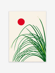 Minimalist Japanese style art print with green grass stalks and a red sun on a cream background