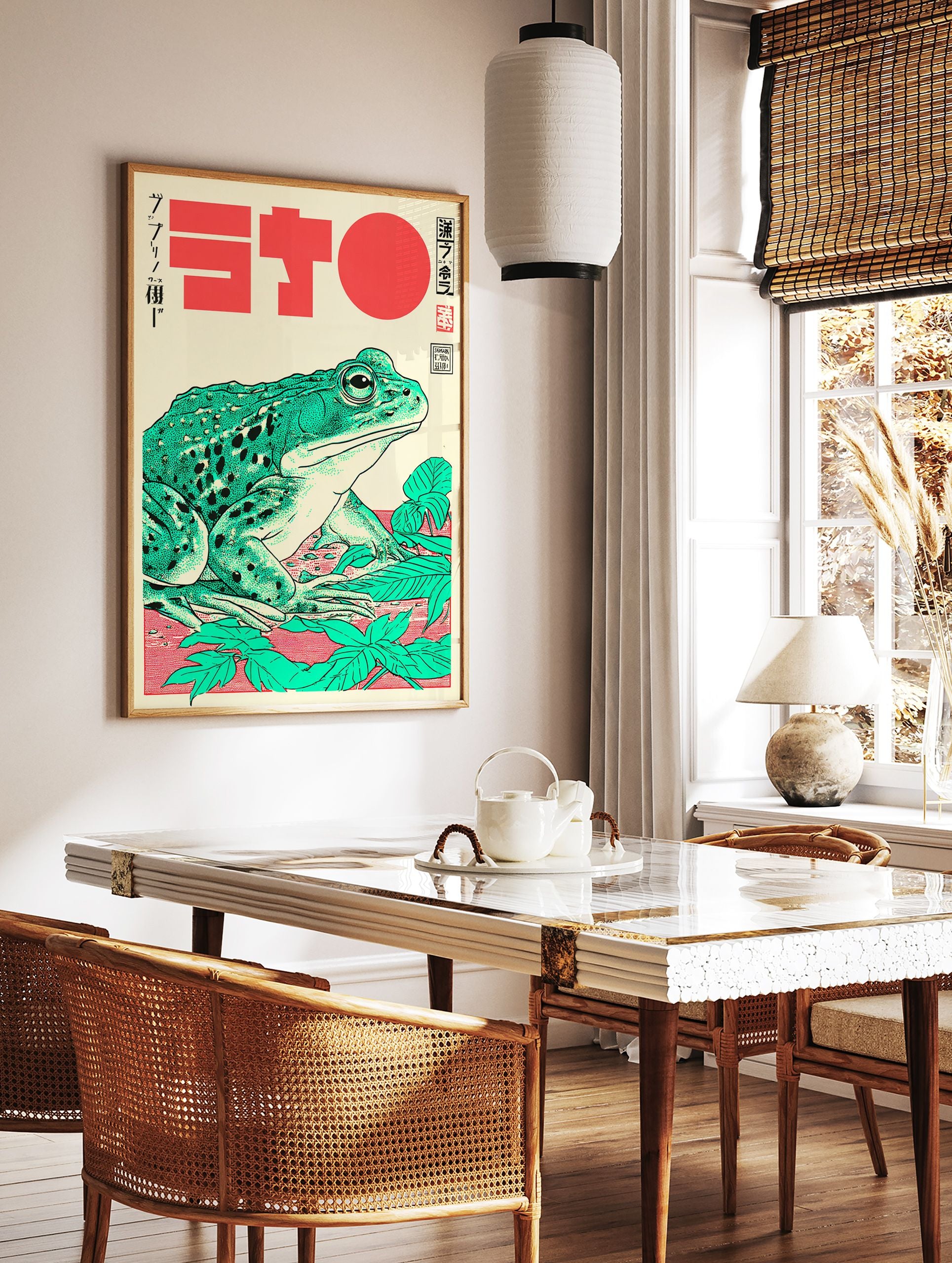 Japanese green frog poster in Ukiyo-e style with a large green frog on a red background surrounded by green leaves. - Image 2