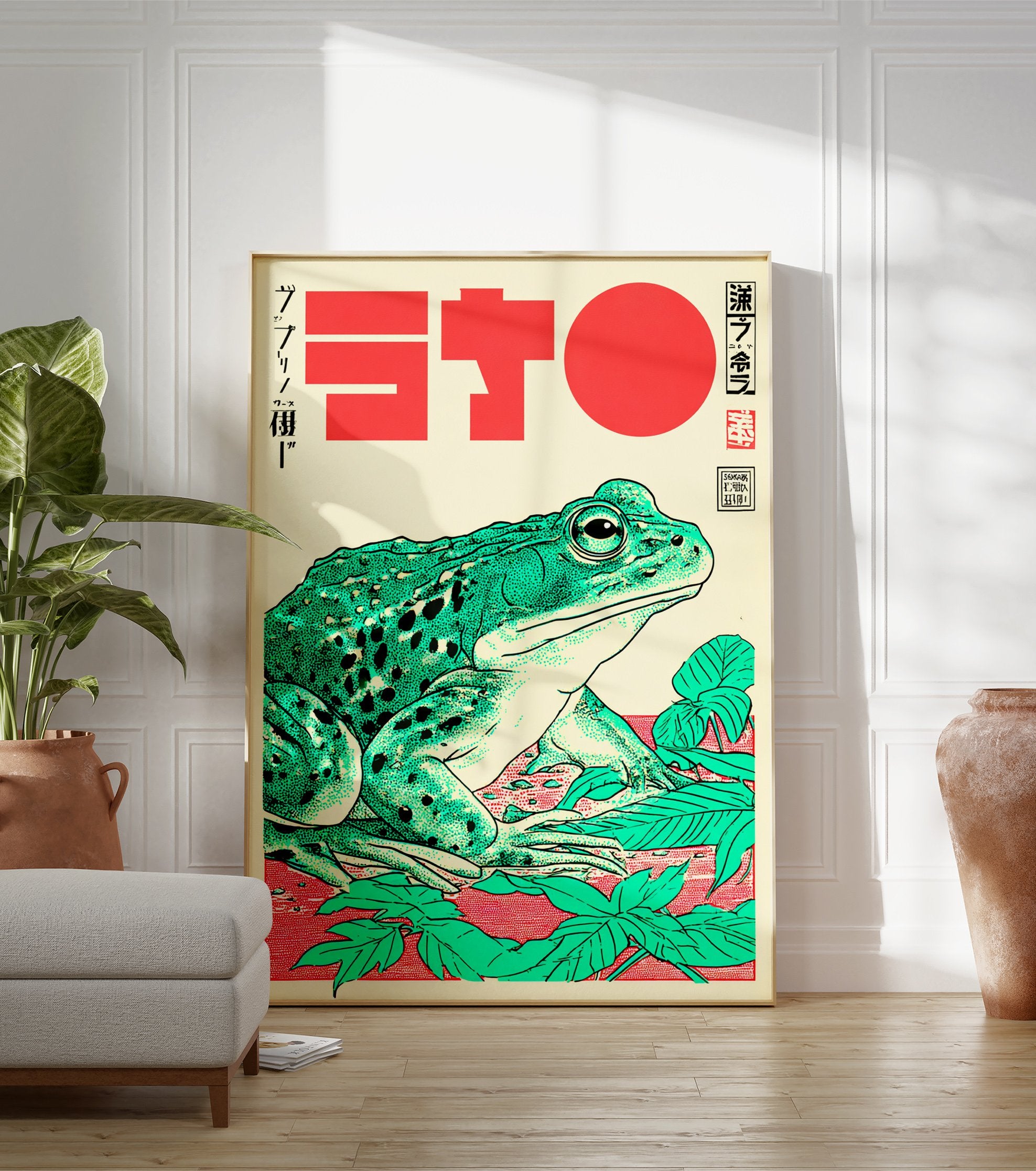 Japanese green frog poster in Ukiyo-e style with a large green frog on a red background surrounded by green leaves. - Image 3