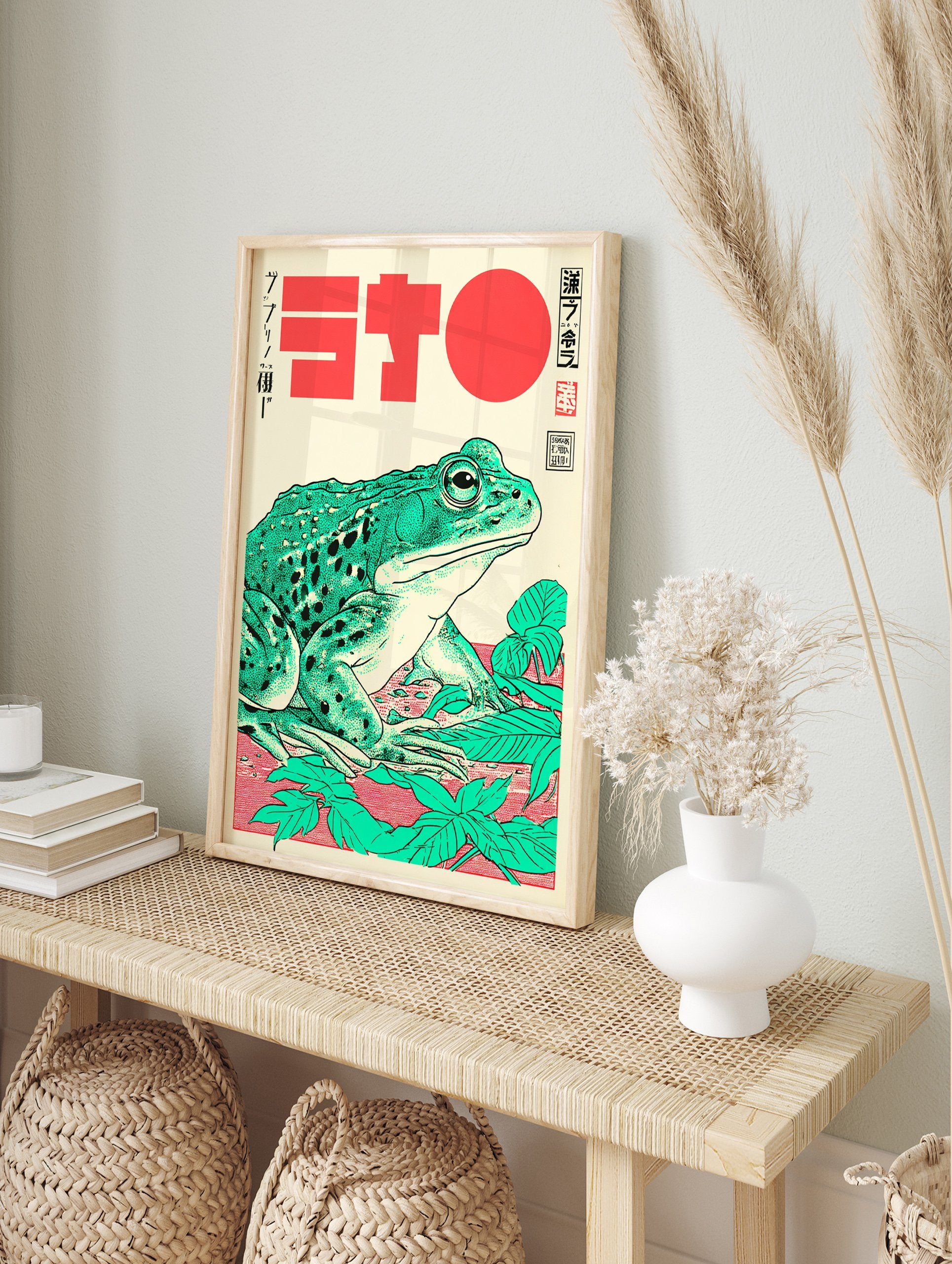Japanese green frog poster in Ukiyo-e style with a large green frog on a red background surrounded by green leaves. - Image 4