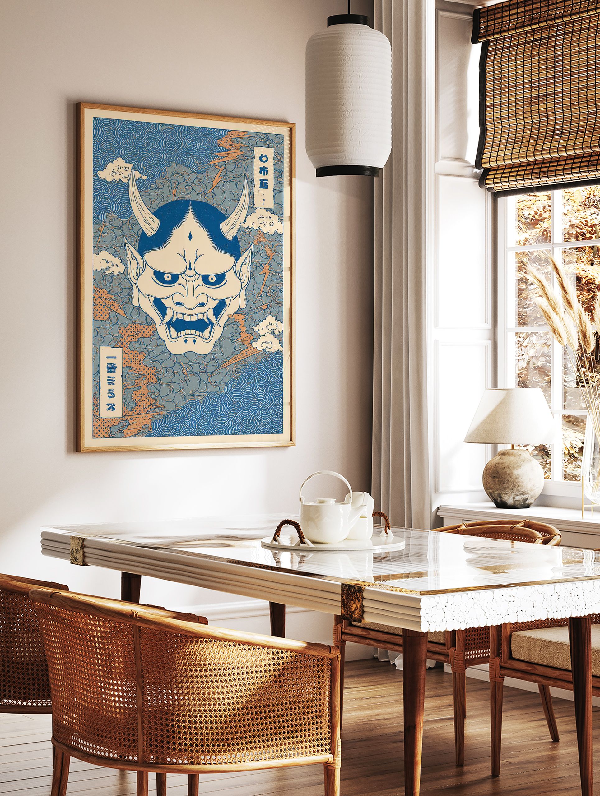 Japanese Hannya mask art print in blue and cream with orange lightning and swirling clouds in Ukiyo-e style. - Image 3