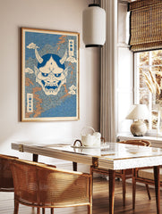 Japanese Hannya mask art print in blue and cream with orange lightning and swirling clouds in Ukiyo-e style. - Image 3