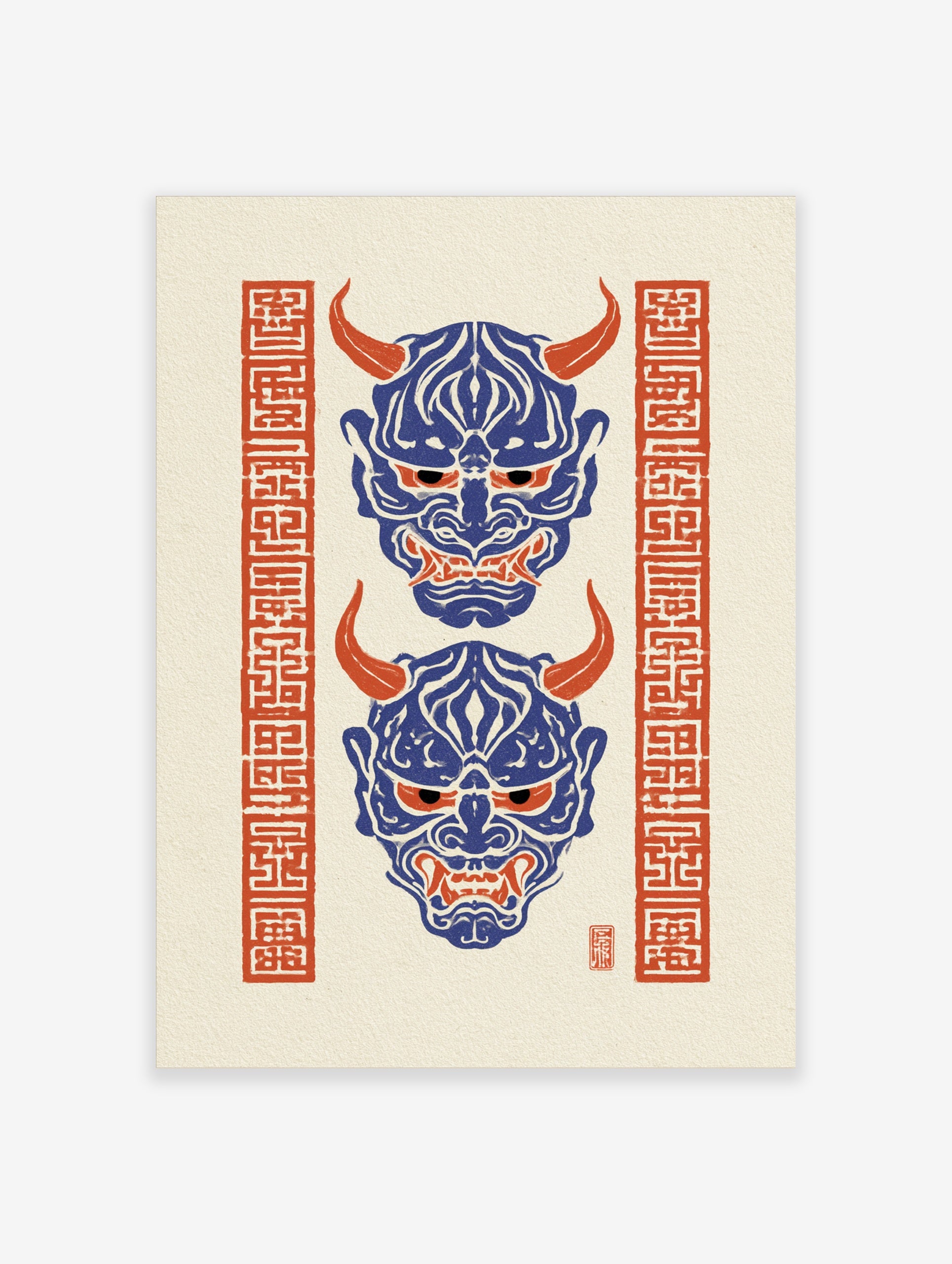 Japanese Hannya mask illustration with blue demon faces, red horns and red kanji borders on textured off-white background
