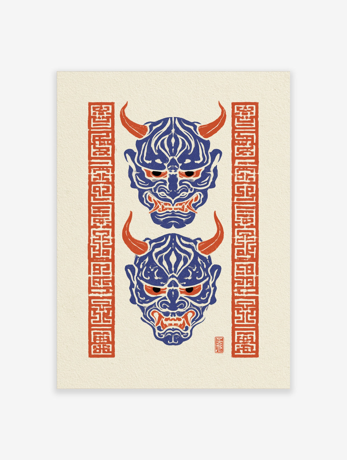 Japanese Hannya mask illustration with blue demon faces, red horns and red kanji borders on textured off-white background