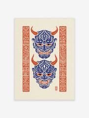Japanese Hannya mask illustration with blue demon faces, red horns and red kanji borders on textured off-white background