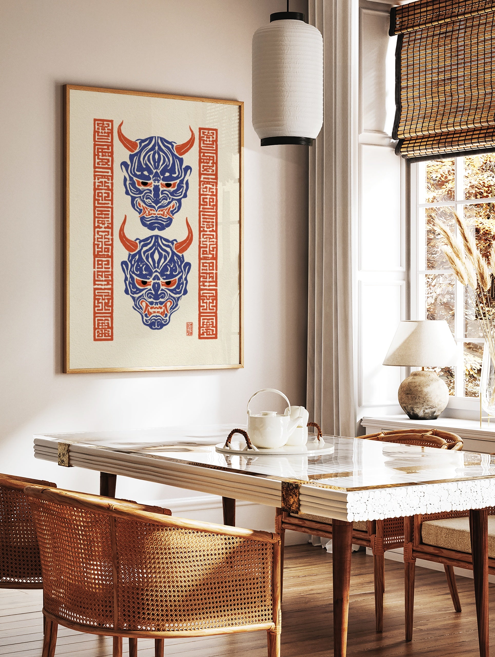 Japanese Hannya mask illustration with blue demon faces, red horns and red kanji borders on, in a styled room mockup
