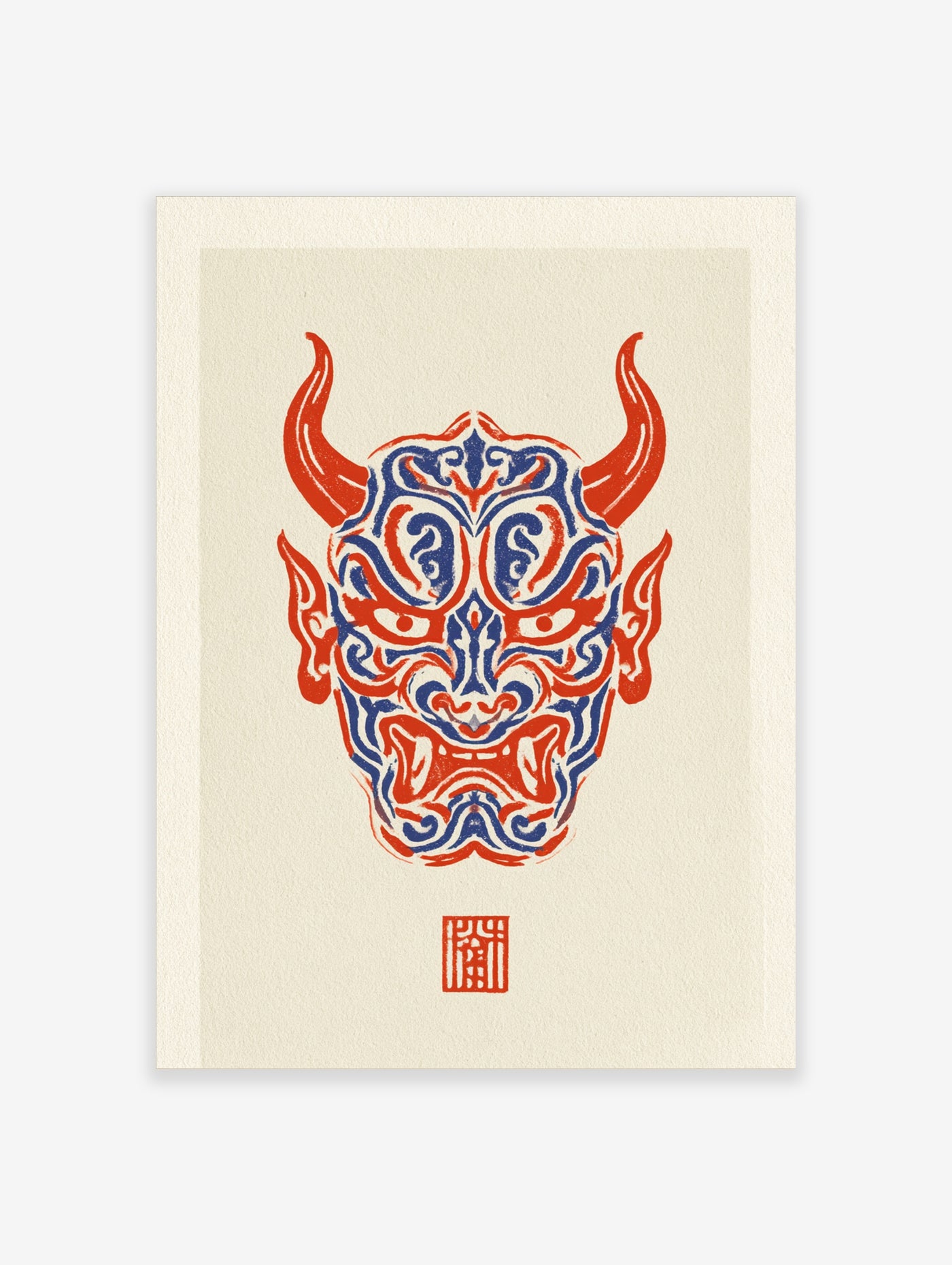 Japanese Hannya mask illustration with red and blue swirling patterns on a cream background