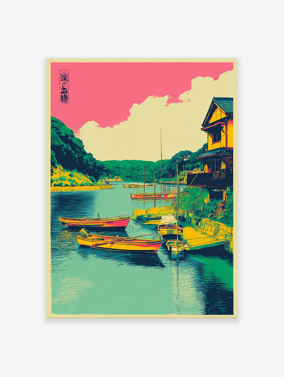 Japanese harbor wall art print with boats, a house, green hills, and a pink sky in an illustrative style.