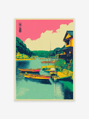 Japanese harbor wall art print with boats, a house, green hills, and a pink sky in an illustrative style.