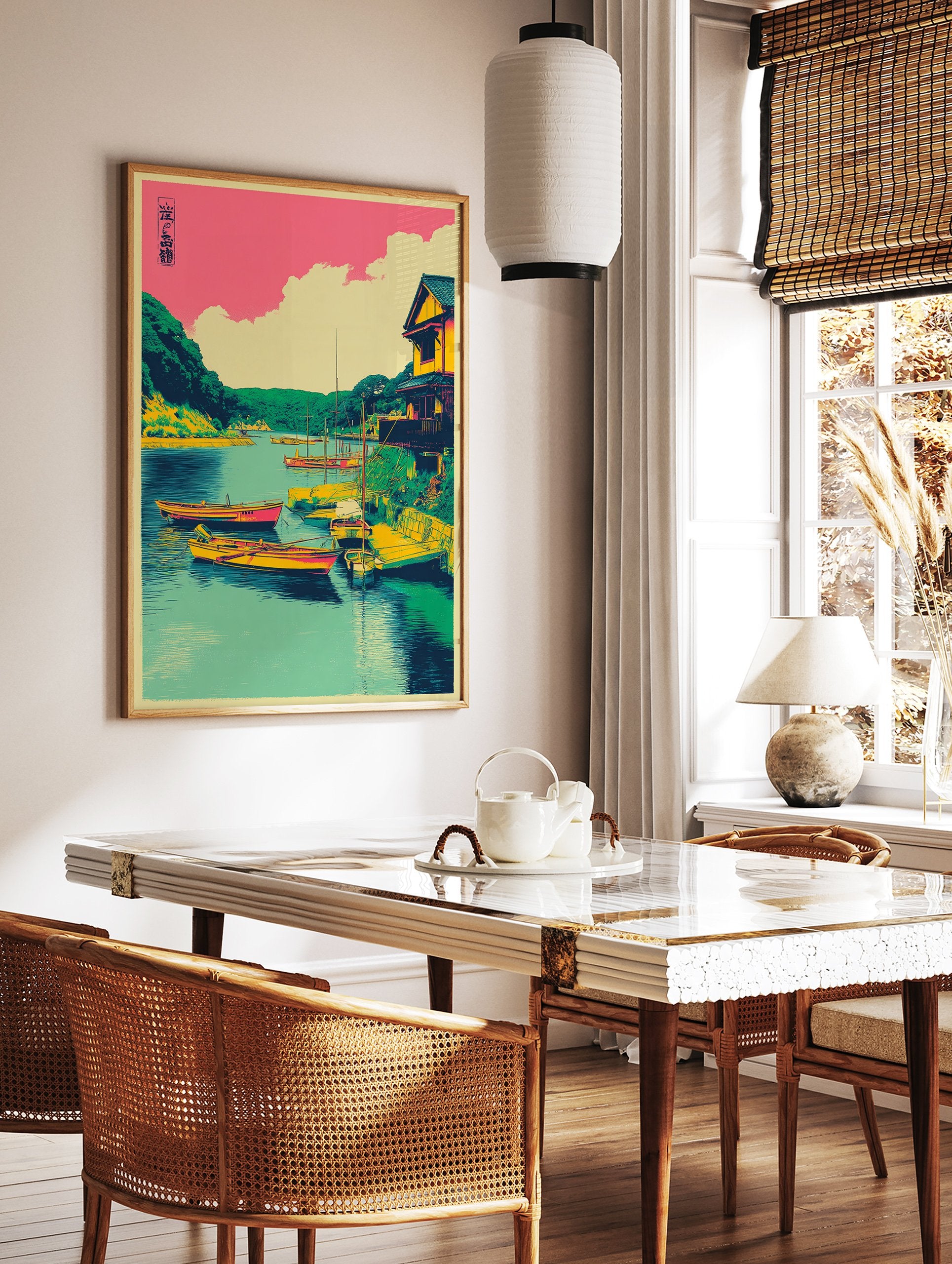 Japanese harbor wall art print with boats, a house, green hills, and a pink sky in an illustrative style. - Image 2