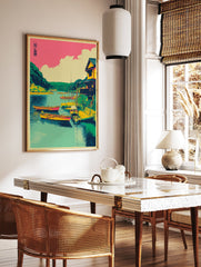 Japanese harbor wall art print with boats, a house, green hills, and a pink sky in an illustrative style. - Image 2