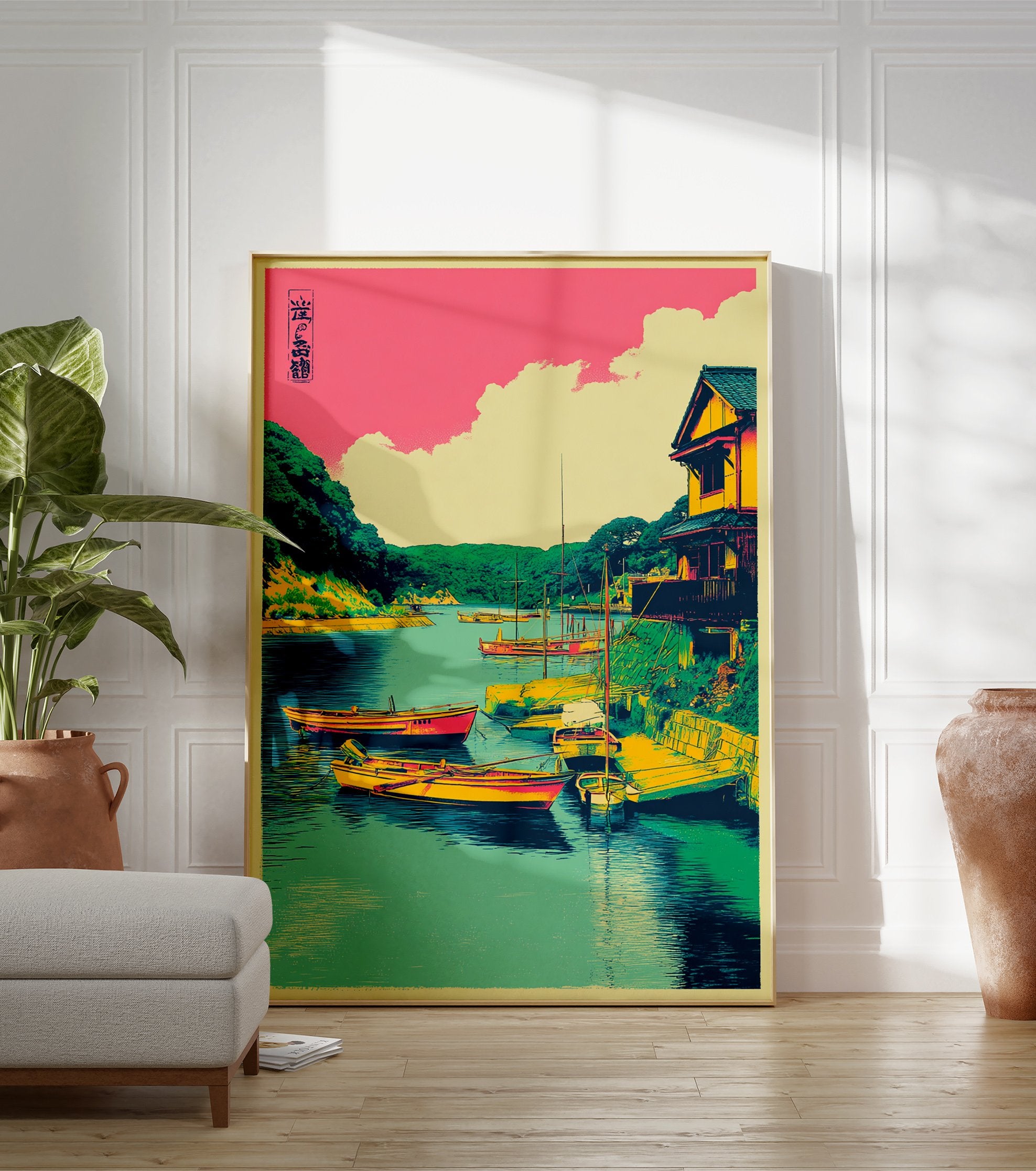Japanese harbor wall art print with boats, a house, green hills, and a pink sky in an illustrative style. - Image 3