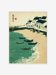 Japanese Harbor Print showing a coastal village with boats, sandy beach, and green water in woodblock style with calligraphy.