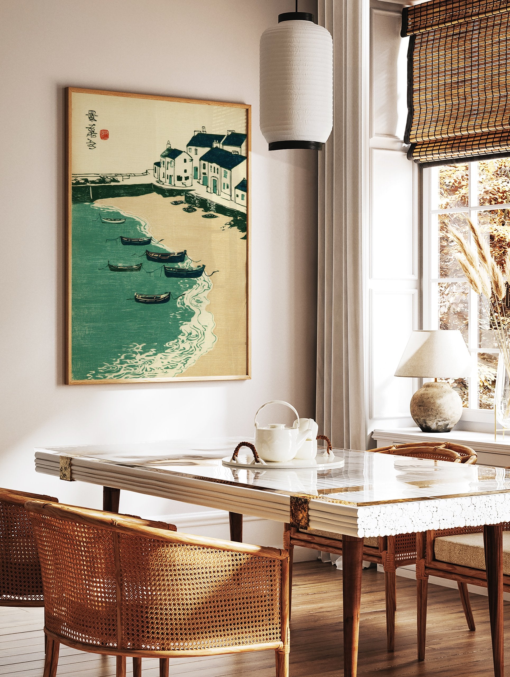 Japanese Harbor Print showing a coastal village with boats, sandy beach, and green water in woodblock style with calligraphy. - Image 2