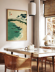 Japanese Harbor Print showing a coastal village with boats, sandy beach, and green water in woodblock style with calligraphy. - Image 2
