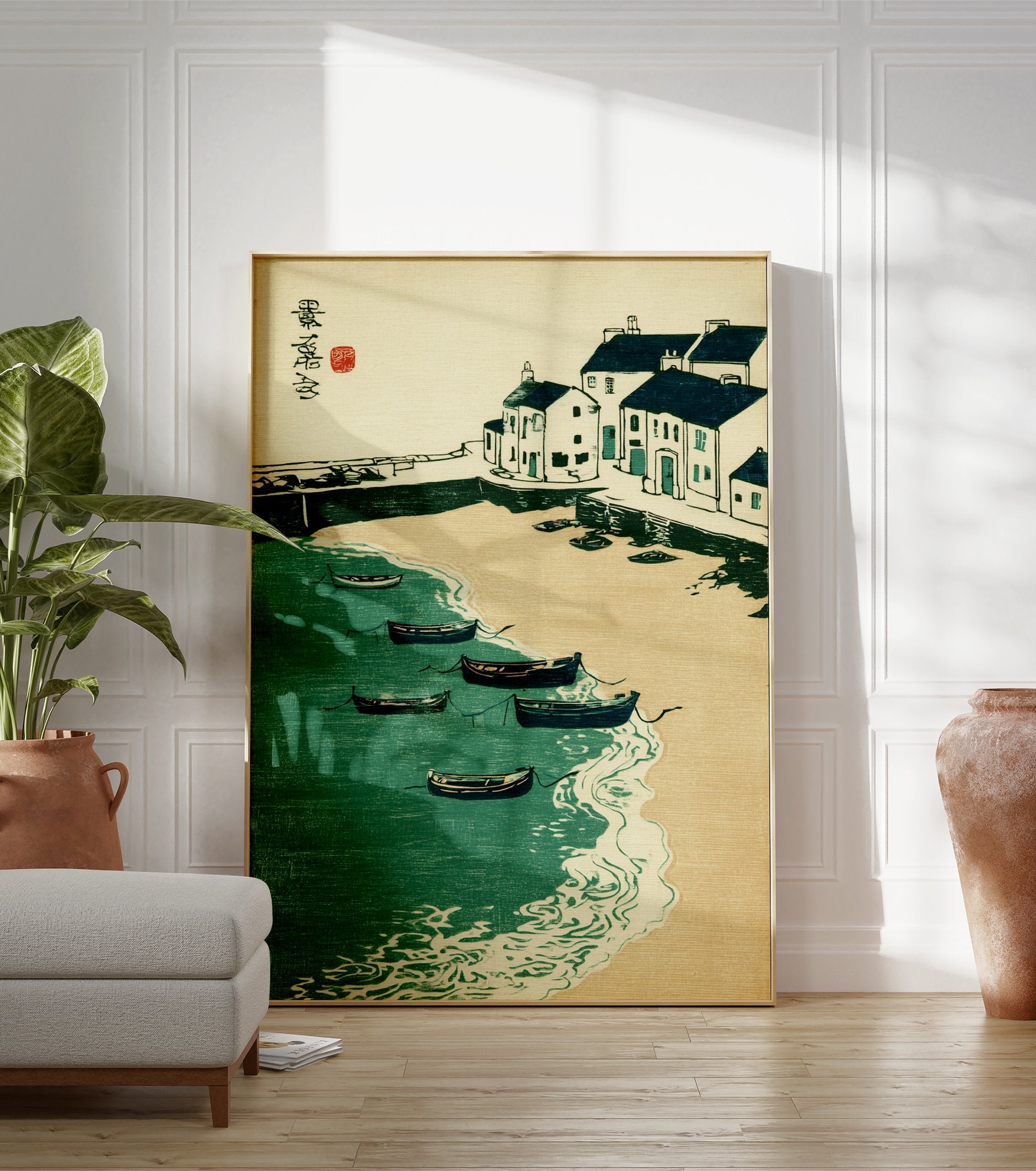Japanese Harbor Print showing a coastal village with boats, sandy beach, and green water in woodblock style with calligraphy. - Image 3