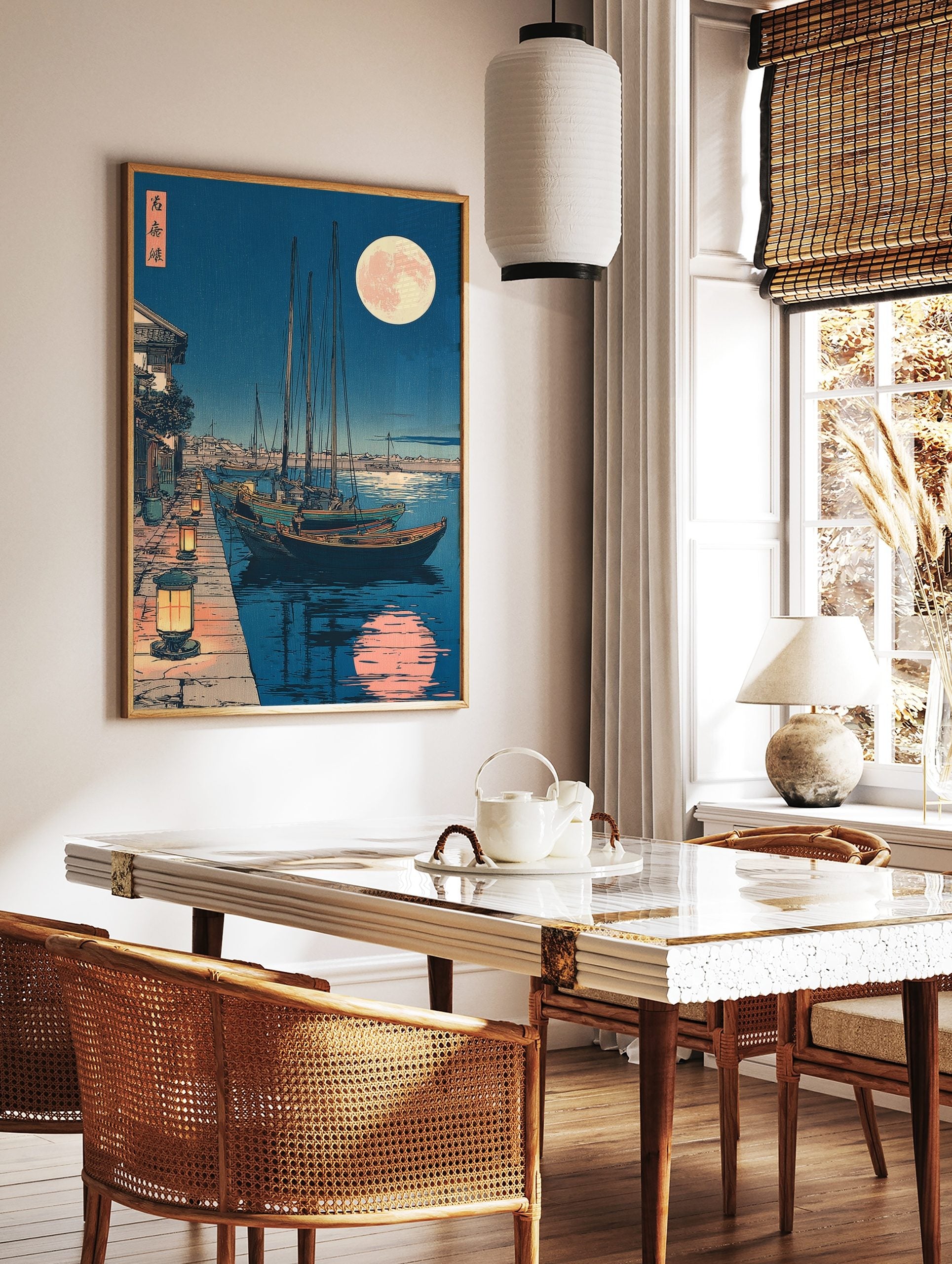 Japanese harbour night scene with boats, lanterns on quay, and large full moon with reflection in, in a styled room mockup