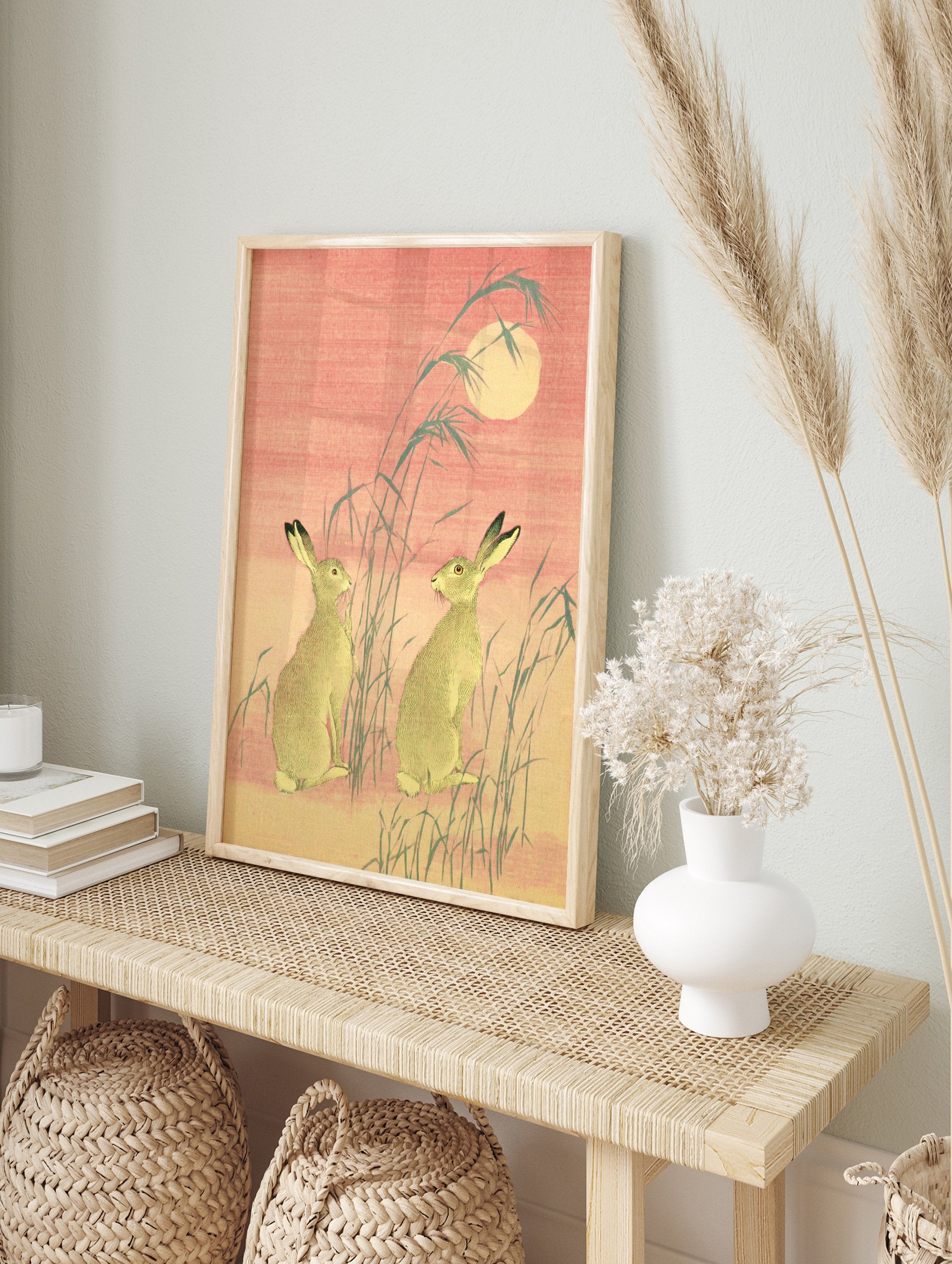 Japanese Hare Art print featuring two hares, moon, and reeds in traditional Ukiyo-e style with pink and green tones. - Image 3