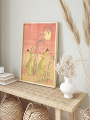 Japanese Hare Art print featuring two hares, moon, and reeds in traditional Ukiyo-e style with pink and green tones. - Image 3