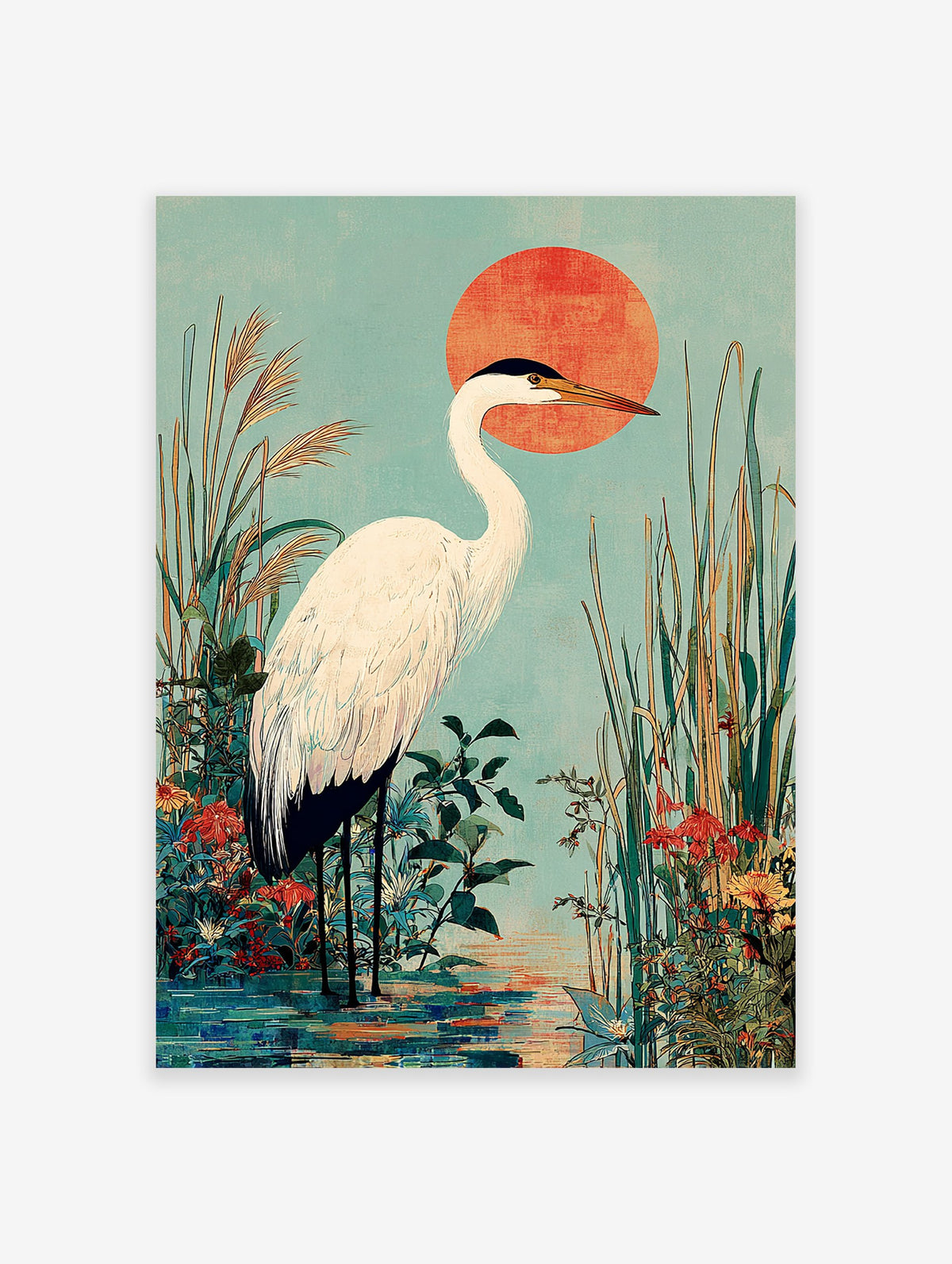 Japanese Heron Art Print featuring a white egret in a marsh with green foliage, red flowers, a red sun, and teal sky.