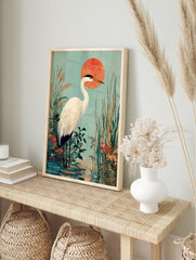 Japanese Heron Art Print featuring a white egret in a marsh with green foliage, red flowers, a red sun, and teal sky. - Image 3