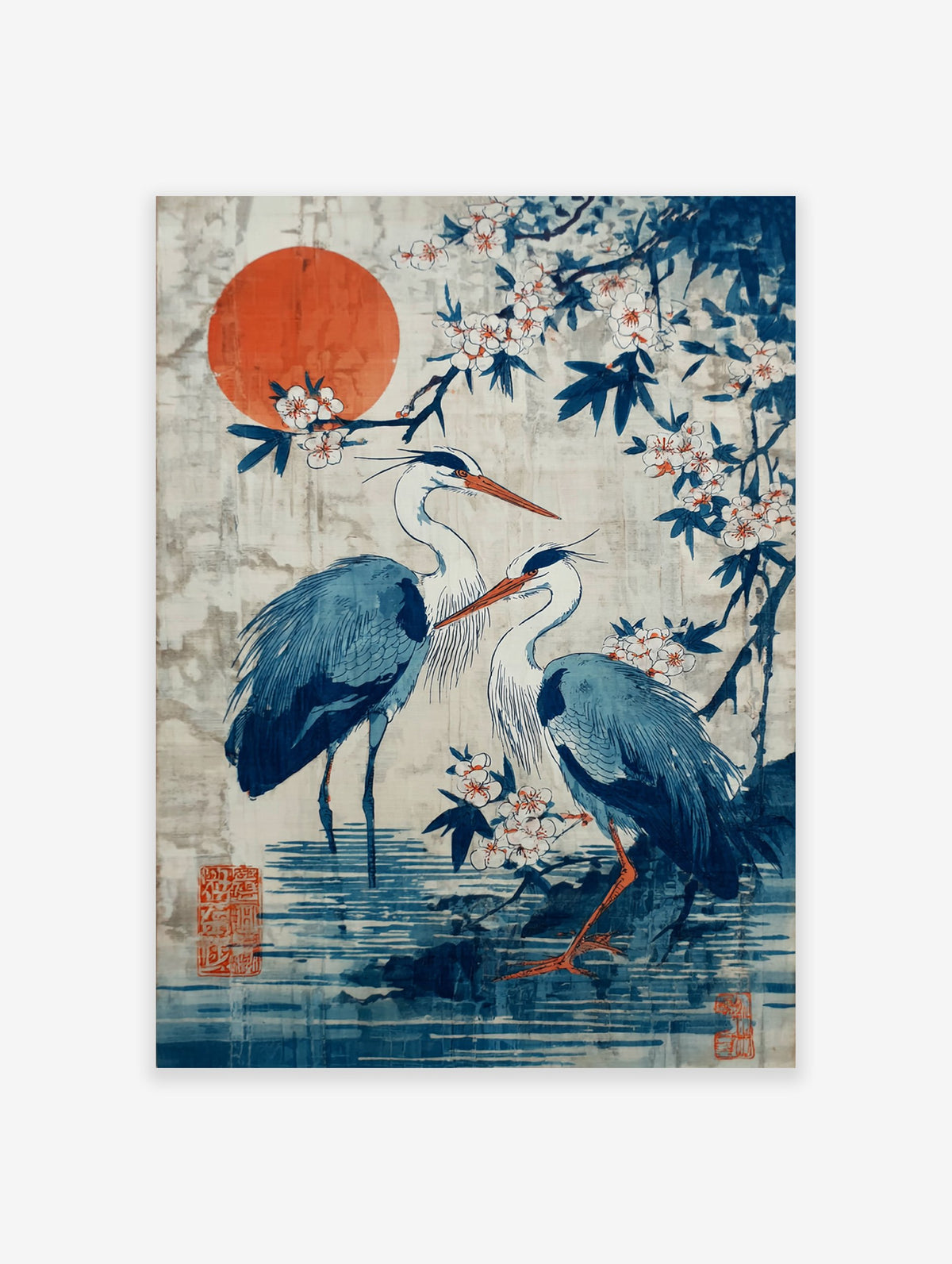 Japanese heron poster with blue birds, orange sun, and white cherry blossoms in a traditional Asian art style.