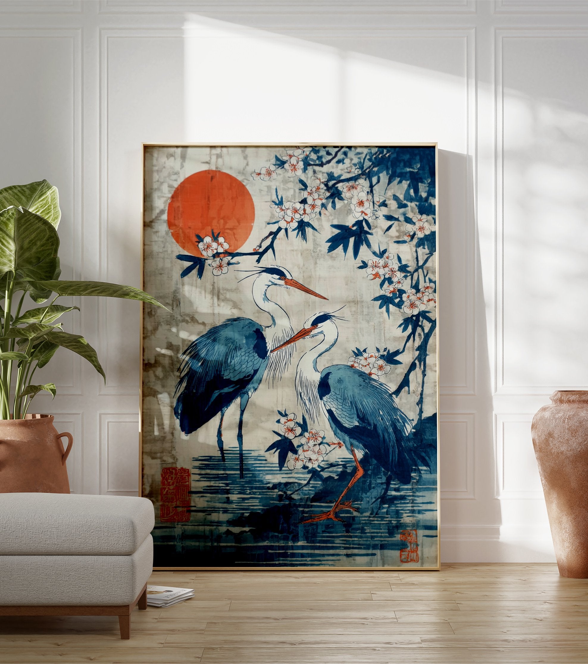 Japanese heron poster with blue birds, orange sun, and white cherry blossoms in a traditional Asian art style. - Image 3