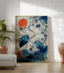 Japanese heron poster with blue birds, orange sun, and white cherry blossoms in a traditional Asian art style. - Image 3