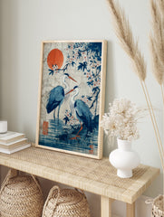 Japanese heron poster with blue birds, orange sun, and white cherry blossoms in a traditional Asian art style. - Image 4