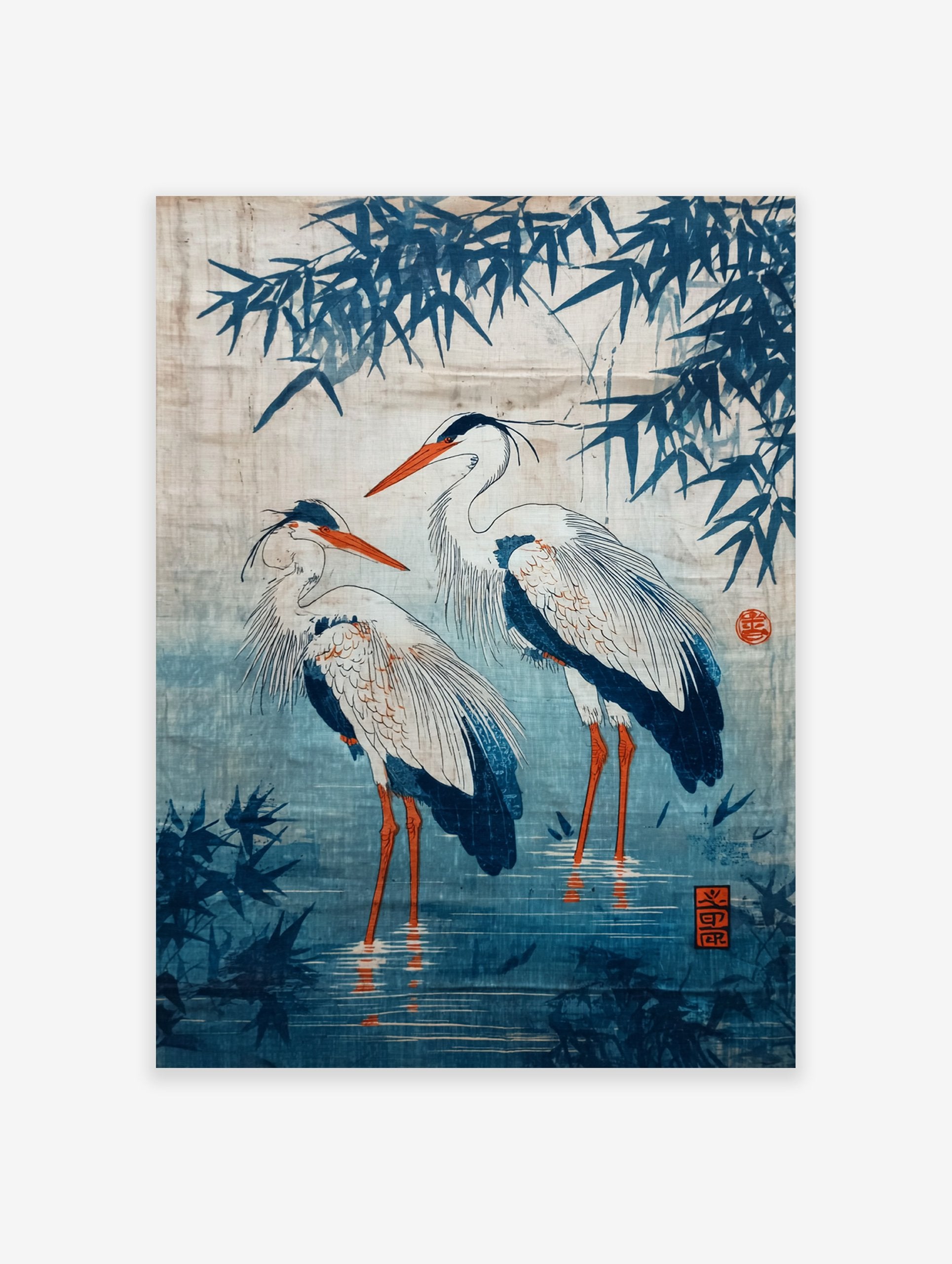 Japanese Heron Poster featuring two blue herons wading in water with bamboo leaves in traditional Ukiyo-e style.