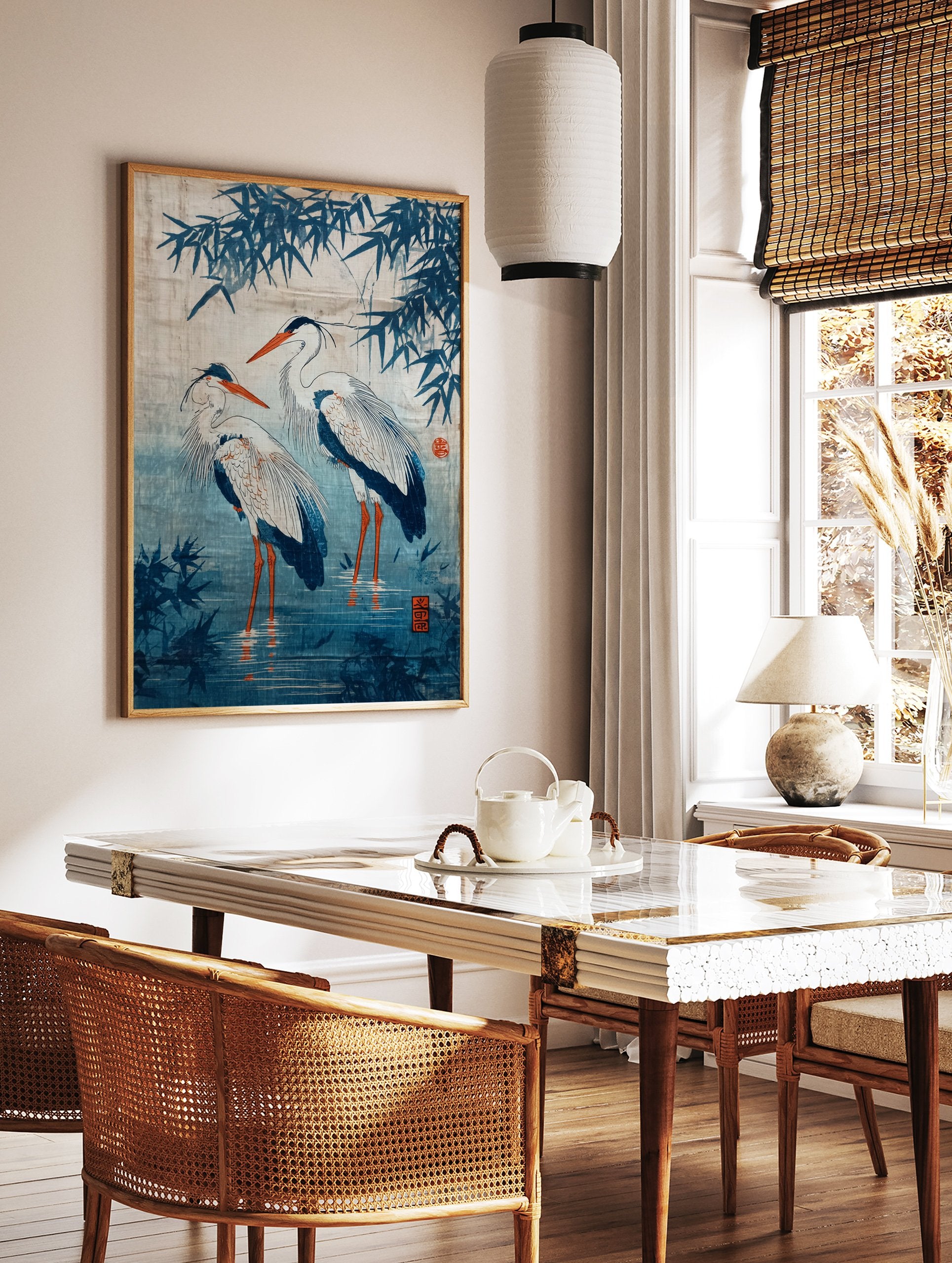 Japanese Heron Poster featuring two blue herons wading in water with bamboo leaves in traditional Ukiyo-e style. - Image 2