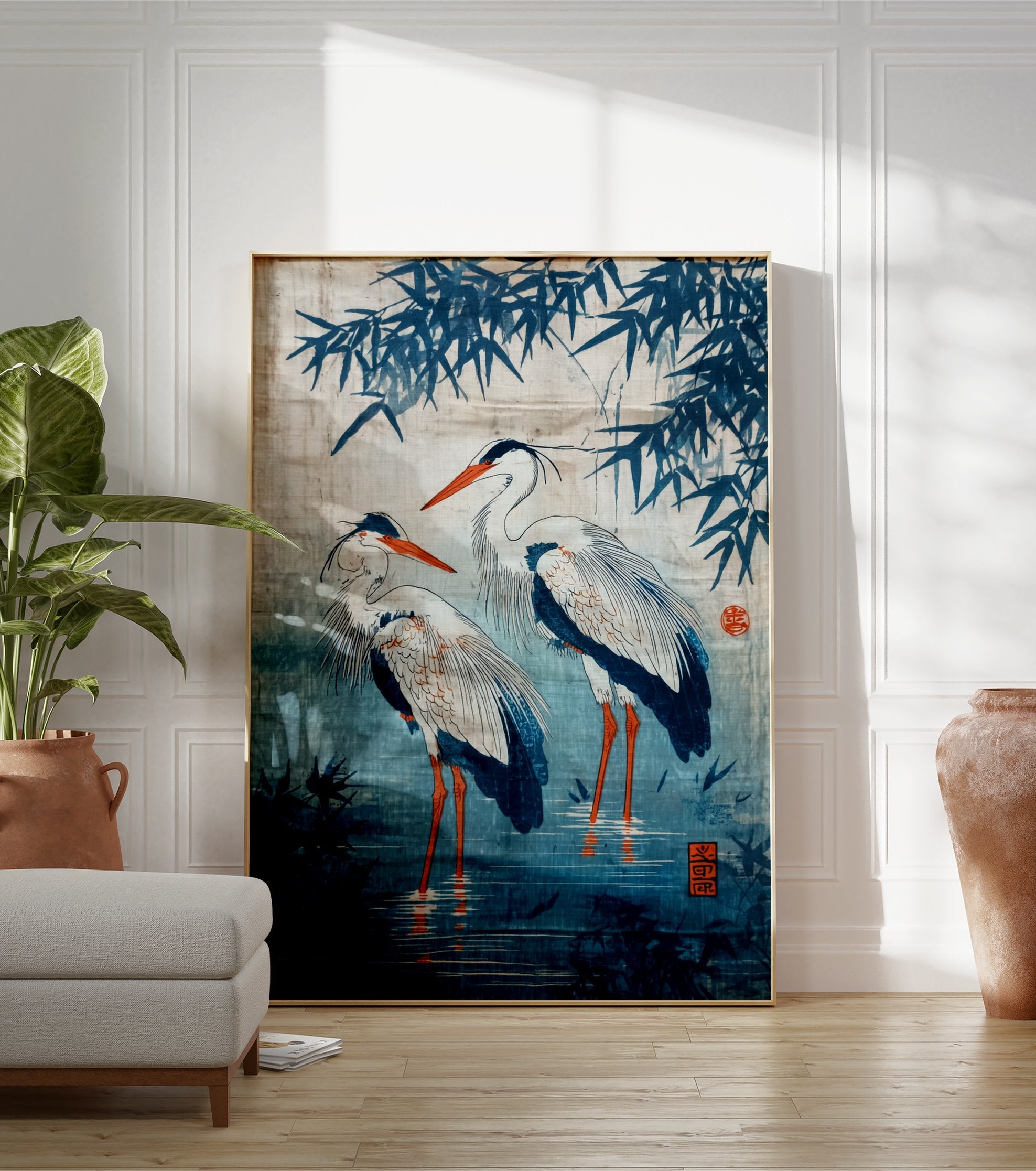 Japanese Heron Poster featuring two blue herons wading in water with bamboo leaves in traditional Ukiyo-e style. - Image 3