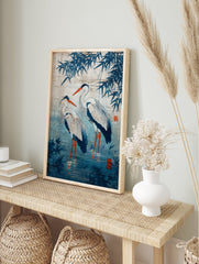 Japanese Heron Poster featuring two blue herons wading in water with bamboo leaves in traditional Ukiyo-e style. - Image 4