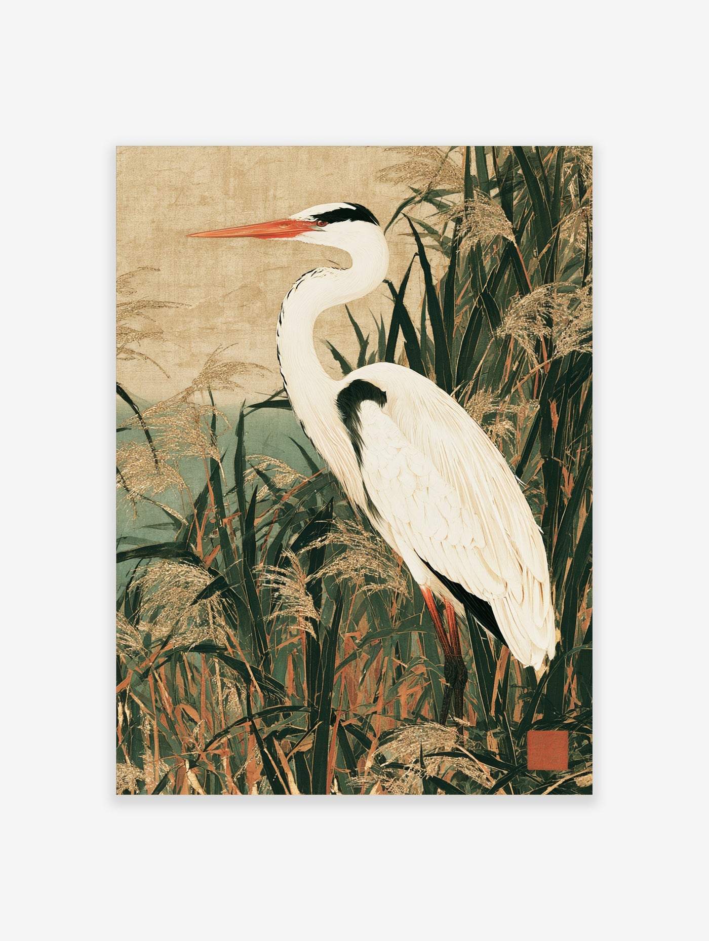 Japanese-style heron bird print with tall reeds on a textured golden background, minimalist nature art