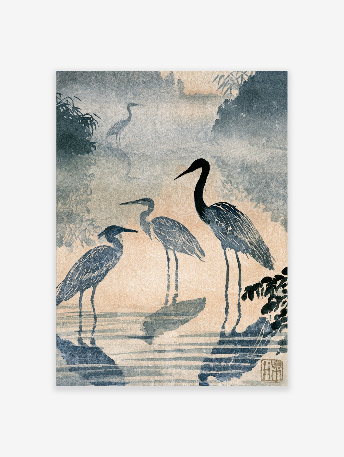 Japanese heron art print with three grey-blue egrets in shallow water and misty foliage