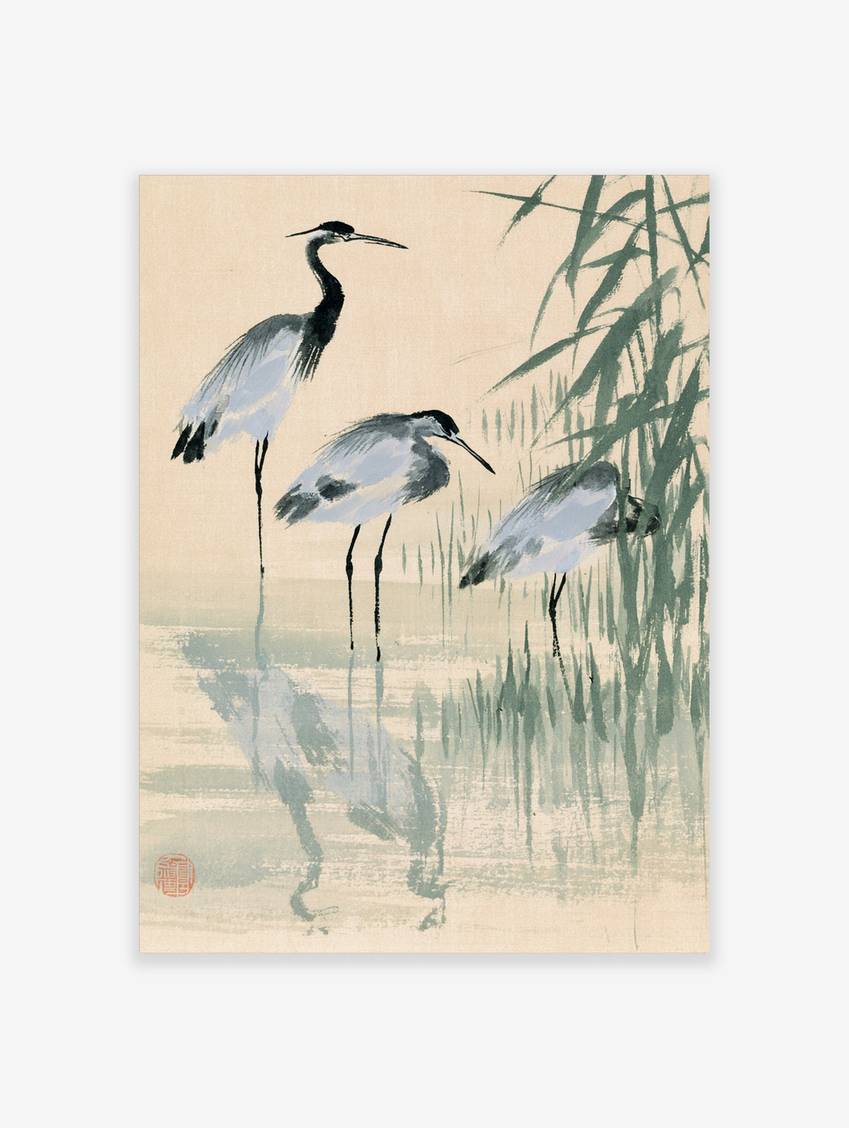 Japanese ink wash heron art print showing three grey birds standing in water beside green reeds