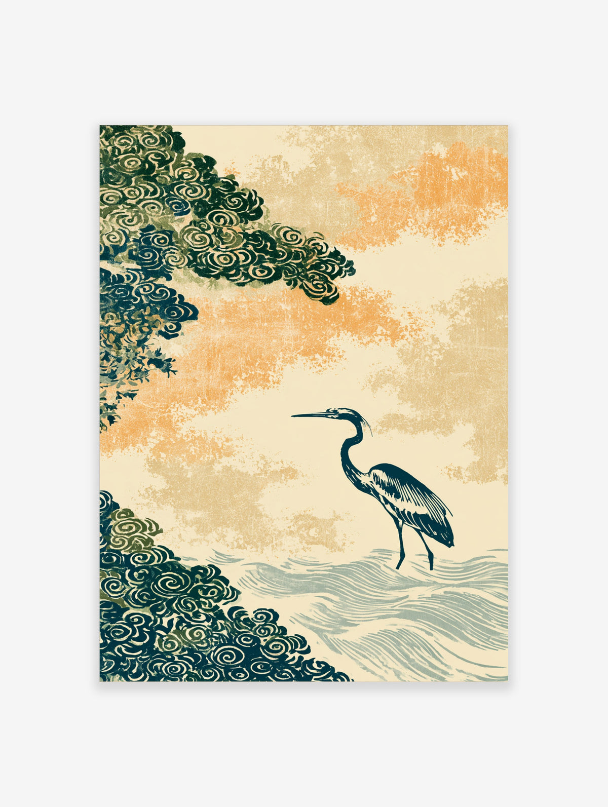Japanese heron art print with dark navy bird standing in water, green swirling foliage, and orange textured sky