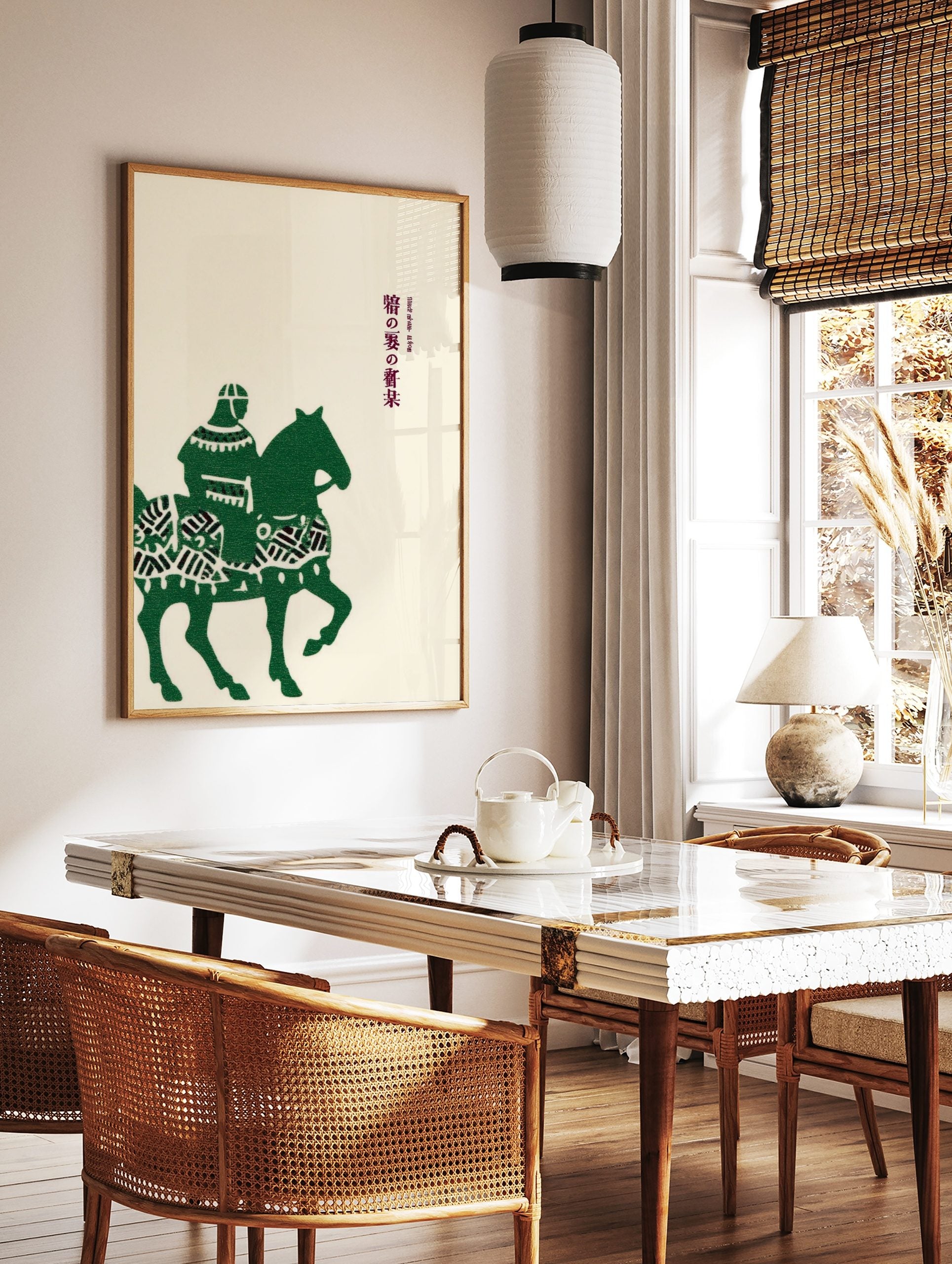 Green illustrative print of a Japanese horseback rider and horse with vertical Japanese text on, in a styled room mockup