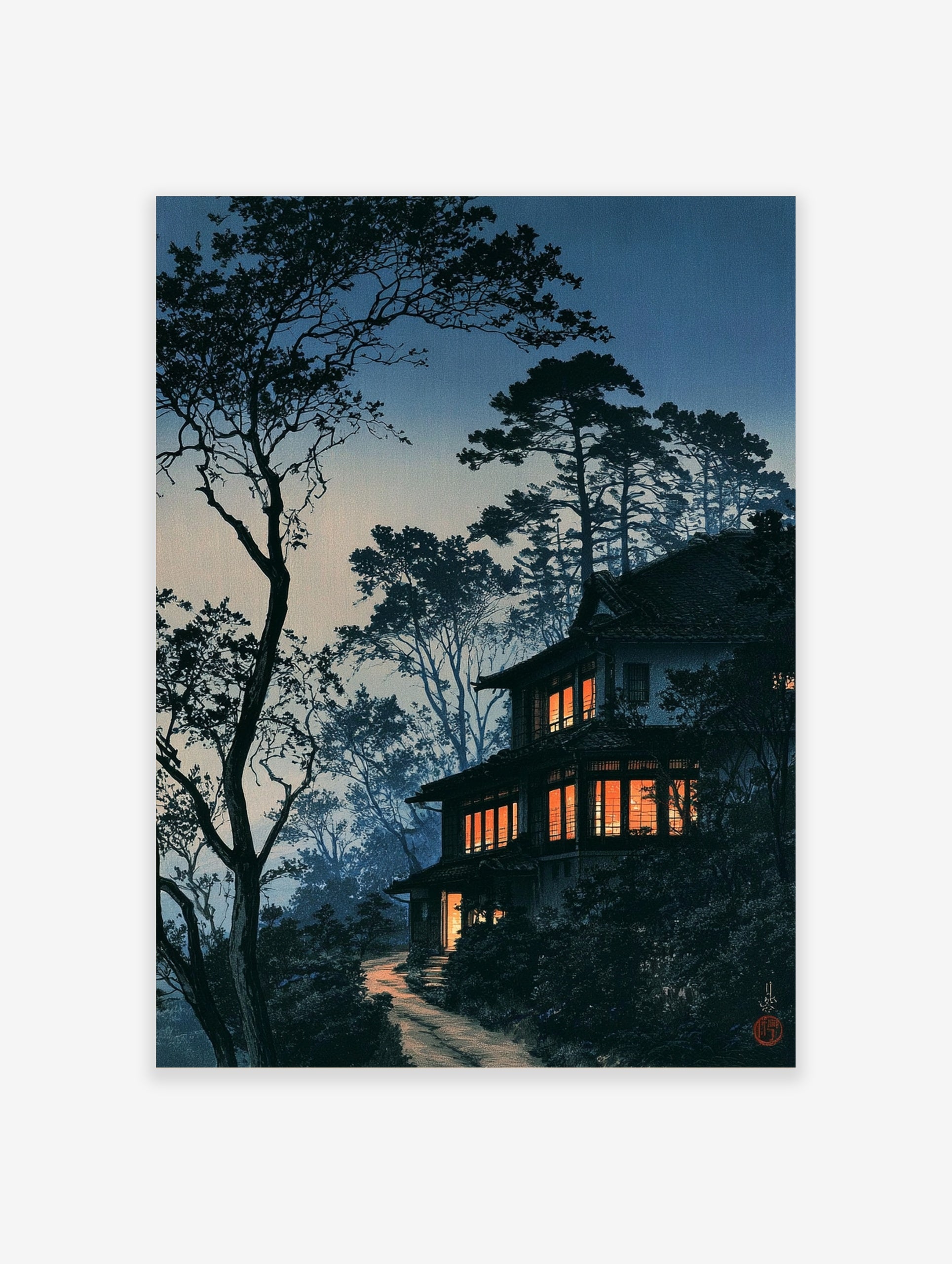 Japanese house art print at twilight with glowing windows, silhouetted pine trees, and a winding path