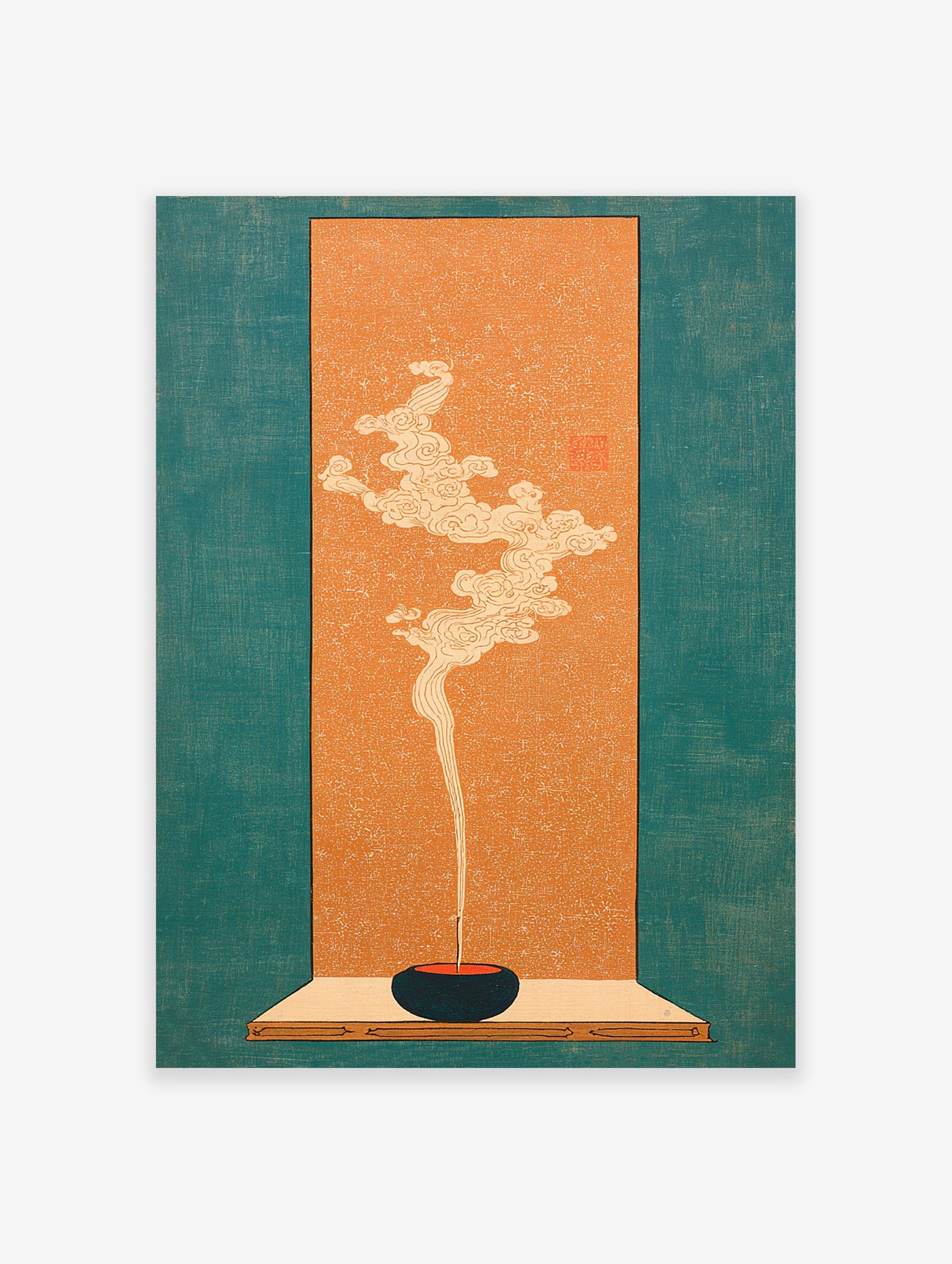 Japanese Incense Art print showing an incense stick burning in a dark bowl with stylized white smoke on an orange background with a teal border.