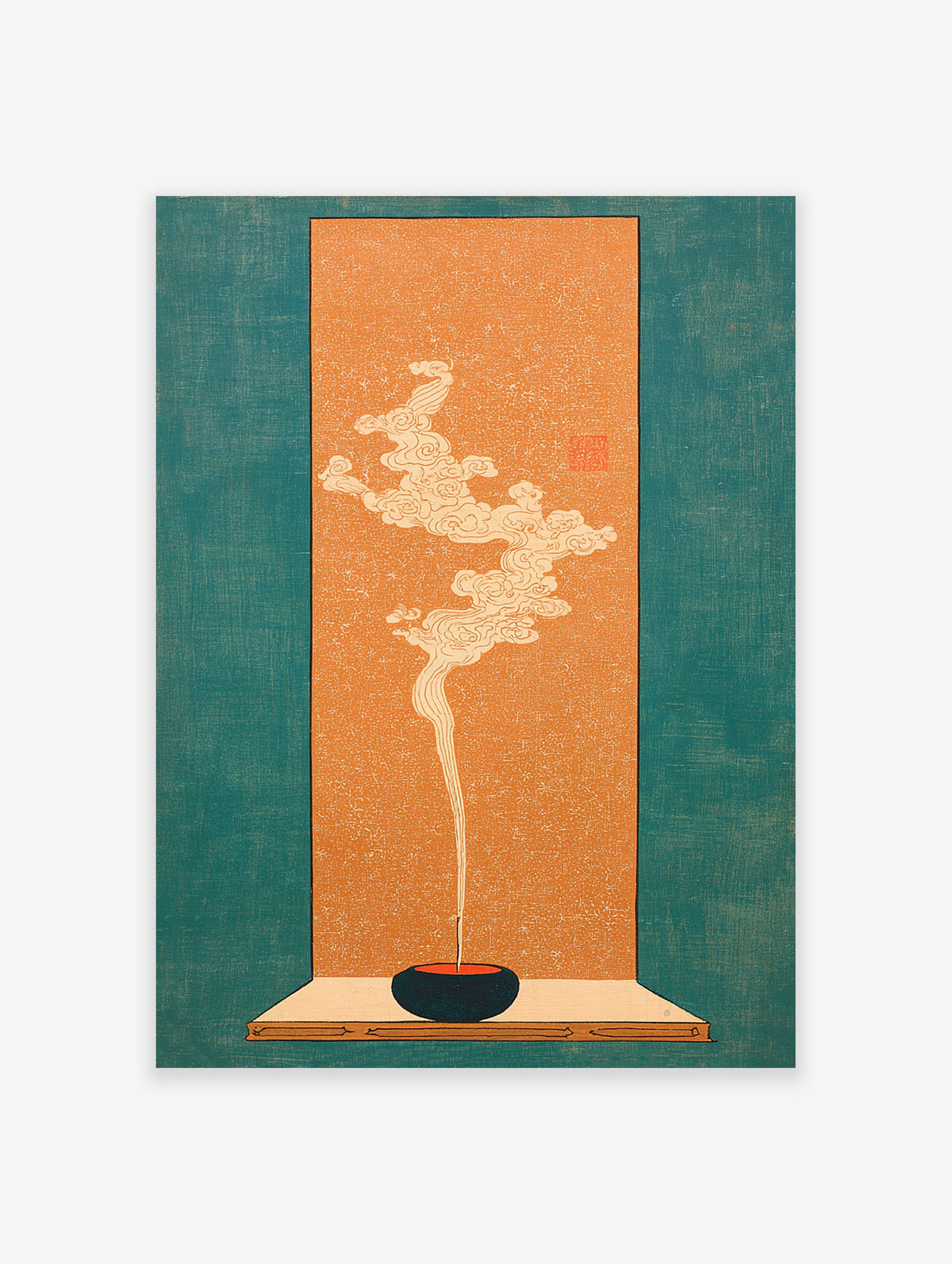 Japanese Incense Art print showing an incense stick burning in a dark bowl with stylized white smoke on an orange background with a teal border.