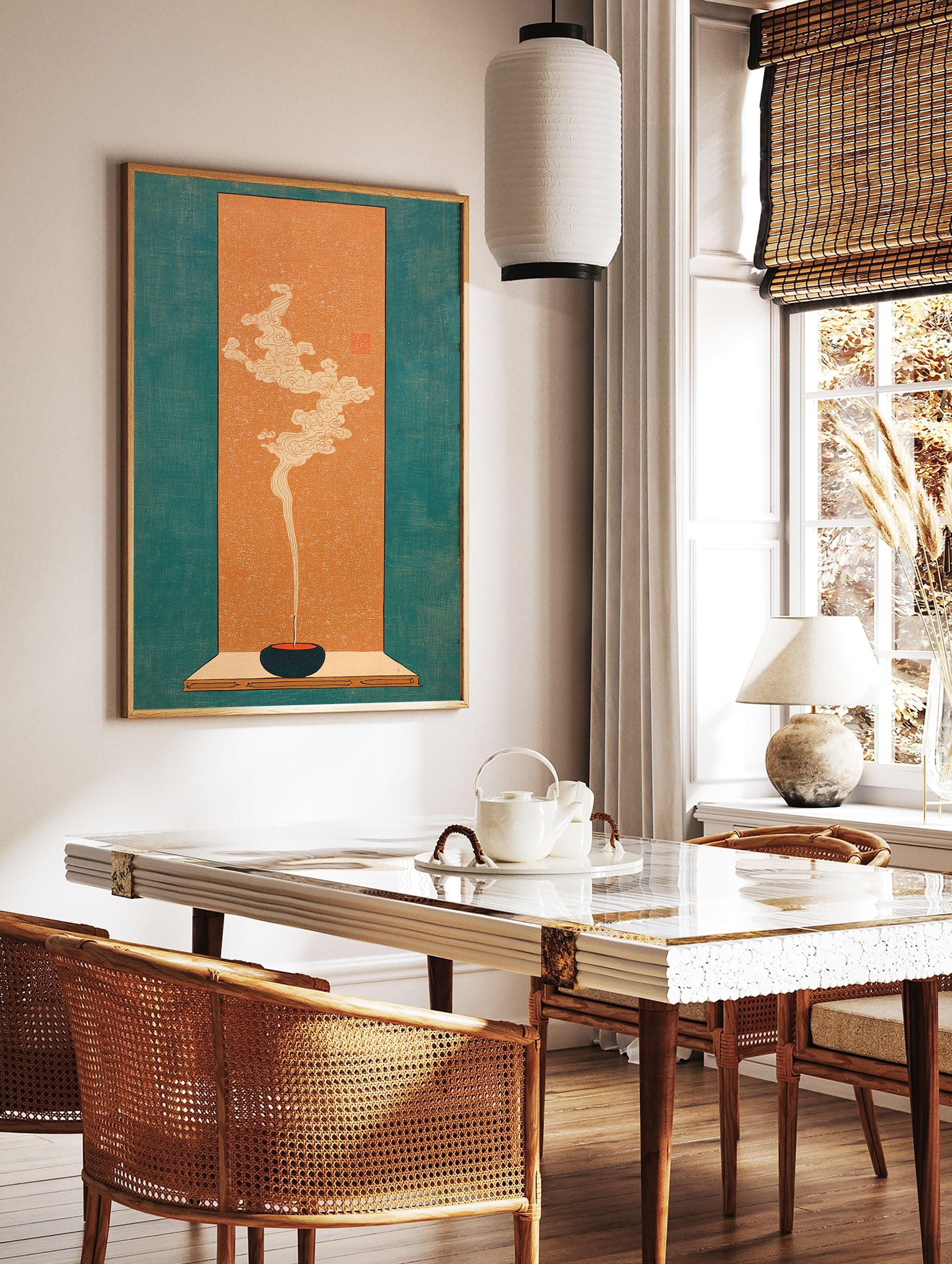Japanese Incense Art print showing an incense stick burning in a dark bowl with stylized white smoke on an orange background with a teal border. - Image 2