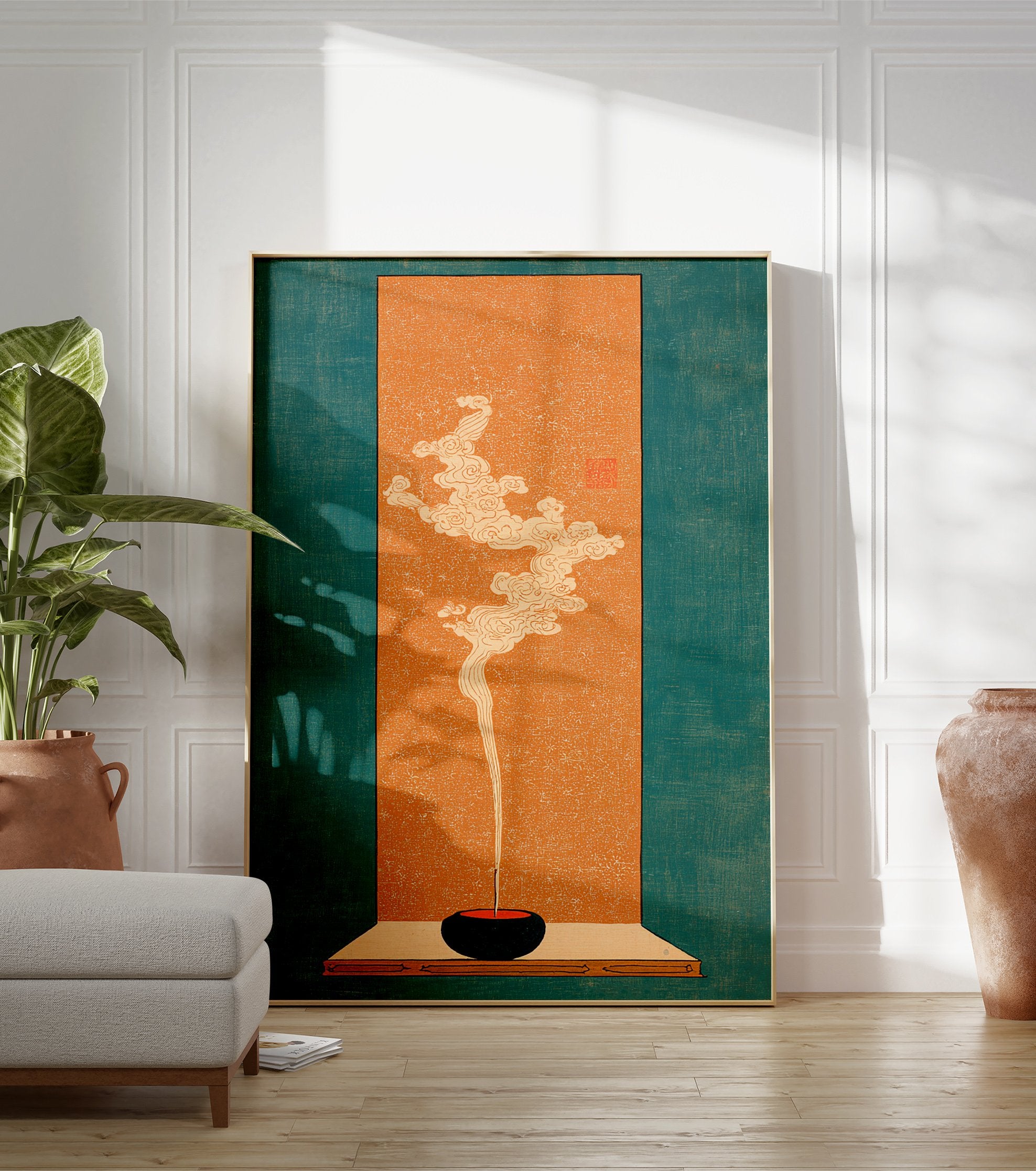 Japanese Incense Art print showing an incense stick burning in a dark bowl with stylized white smoke on an orange background with a teal border. - Image 3