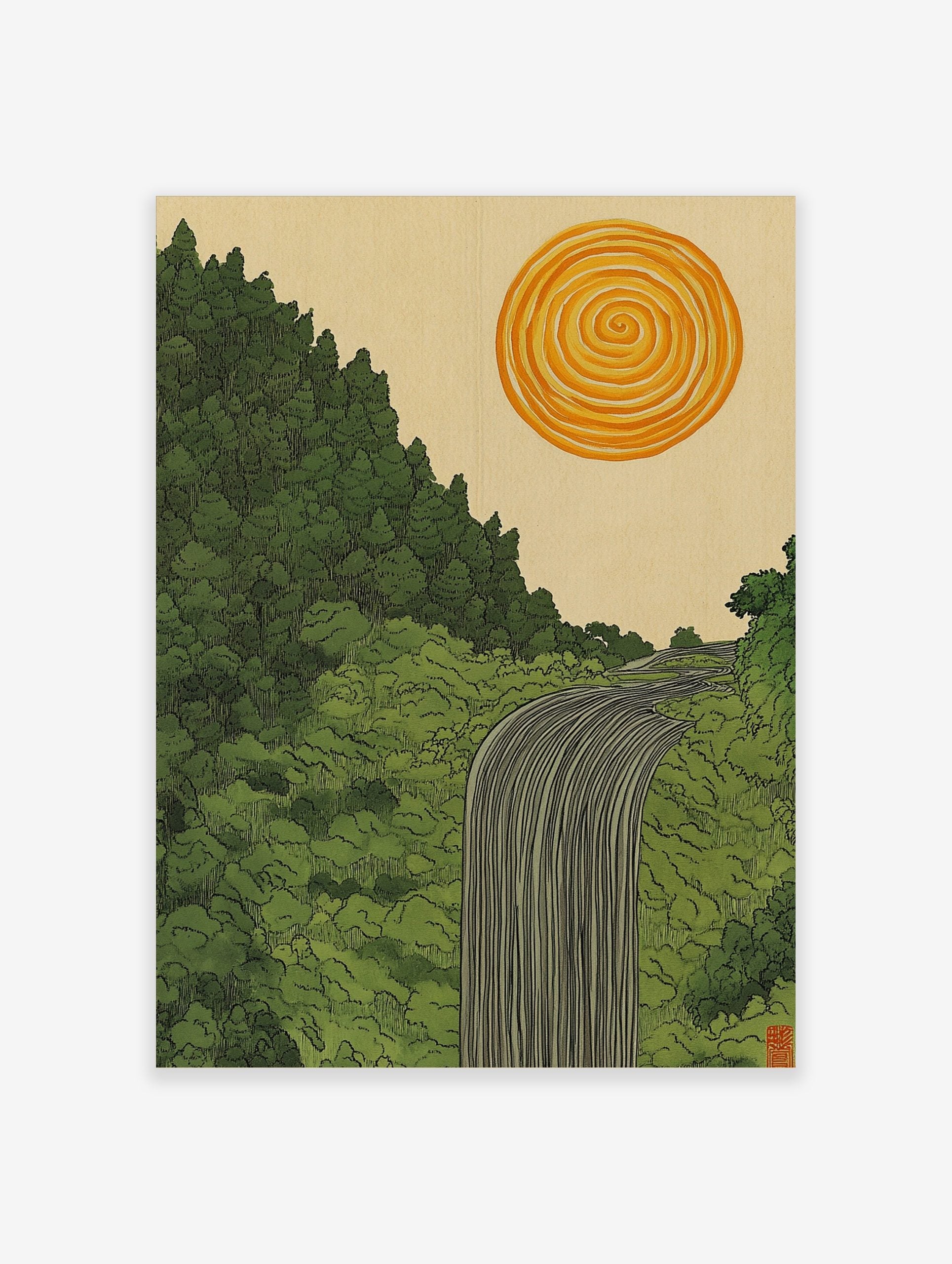 Illustrative waterfall flowing through a green forest with a spiral orange sun in a Japanese-inspired style