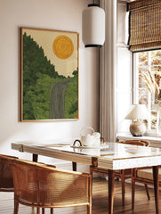 Illustrative waterfall flowing through a green forest with a spiral orange sun in a, in a styled room mockup