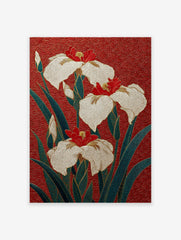 Japanese Iris flower poster with white and red blooms, green leaves, and gold details on a textured red background.