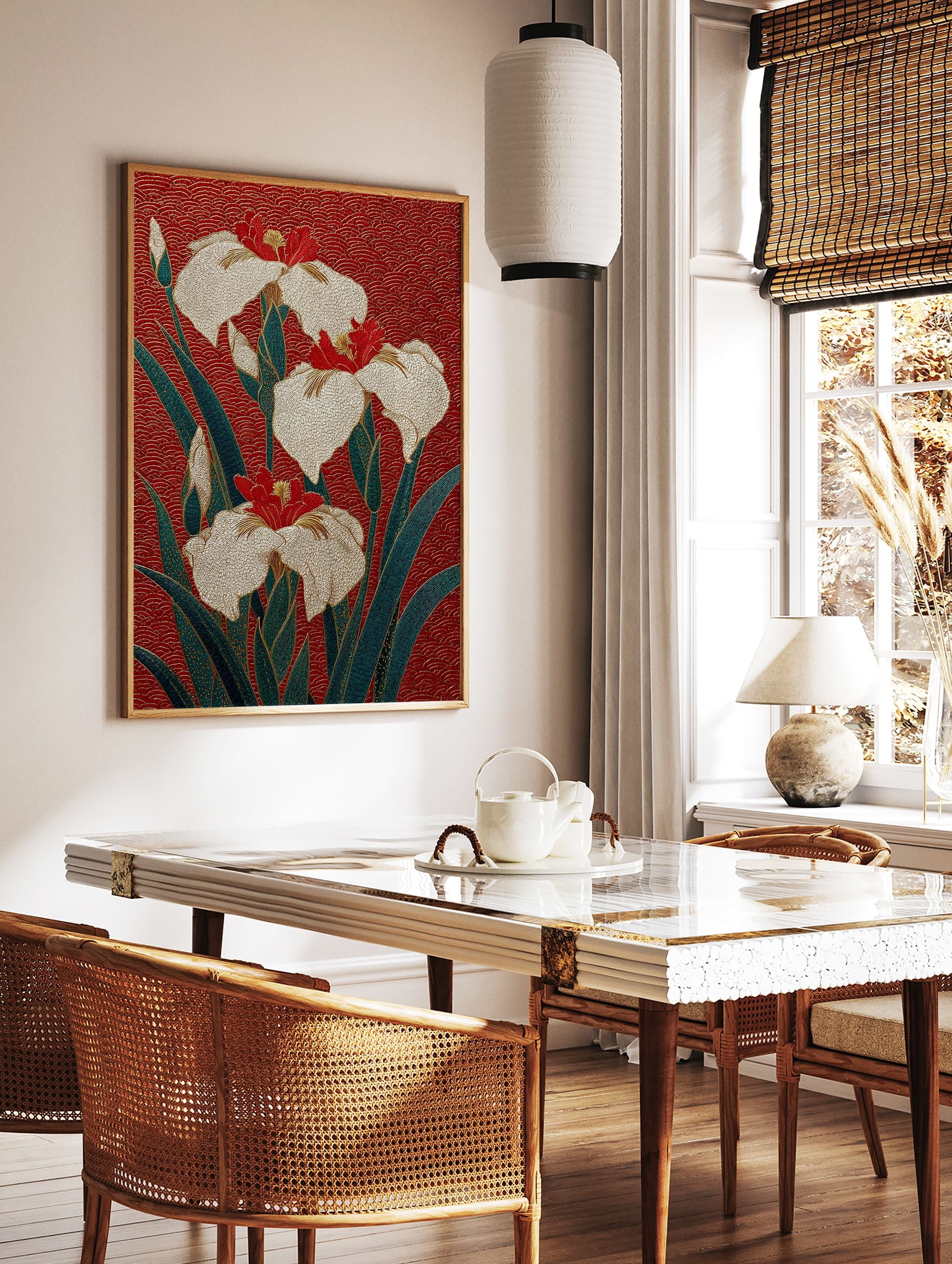 Japanese Iris flower poster with white and red blooms, green leaves, and gold details on a textured red background. - Image 2