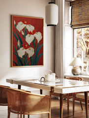 Japanese Iris flower poster with white and red blooms, green leaves, and gold details on a textured red background. - Image 2