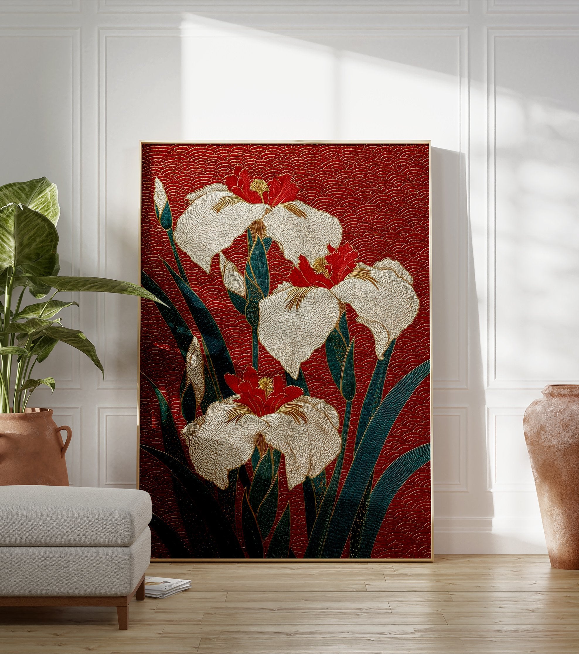 Japanese Iris flower poster with white and red blooms, green leaves, and gold details on a textured red background. - Image 3